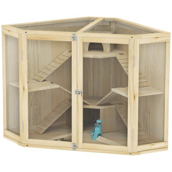 Hamsterbur, 4-etagers design, med foderstation, vippe, rampe, hytter, 115 x 69,5 x 79 cm, træ