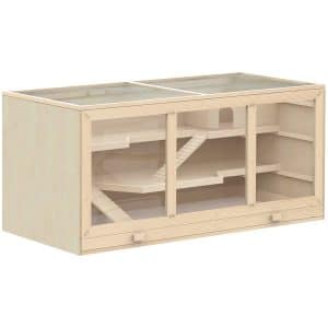 Hamsterbur af træ, 3 niveauer, gnaverbur med rengøringsbar hylde, smådyrsbur med foldelåg, trappe, træbur, bur til hamstere, dværghamstere, 115 x 57 x 55 cm, naturtræ
