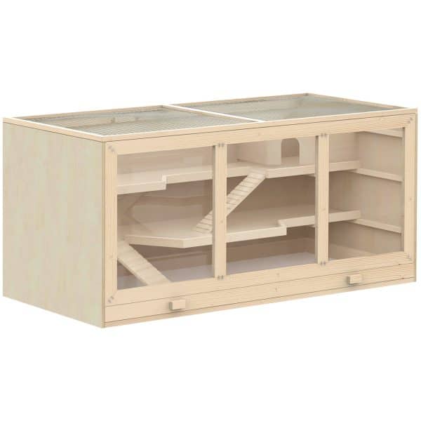 Hamsterbur af træ, 3 niveauer, gnaverbur med rengøringsbar hylde, smådyrsbur med foldelåg, trappe, træbur, bur til hamstere, dværghamstere, 115 x 57 x 55 cm, naturtræ