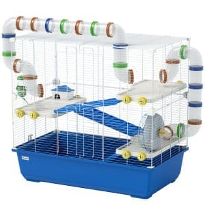 Hamsterbur med 4 niveauer, bur til små dyr med tunnelsystem, hytte, træningshjul, til dværghamstere, 78 x 45 x 73 cm, blå