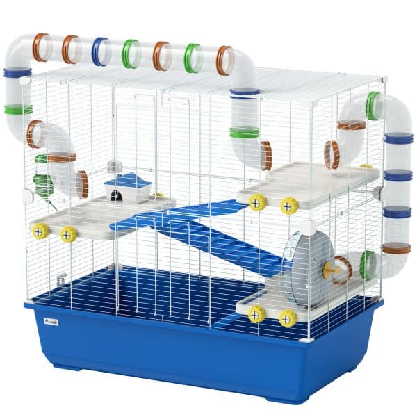 Hamsterbur med 4 niveauer, bur til små dyr med tunnelsystem, hytte, træningshjul, til dværghamstere, 78 x 45 x 73 cm, blå